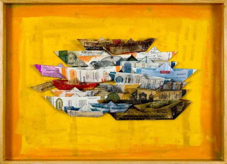 Fuga dei capitali #2_tecnica mista resina e carta su legno_52x72