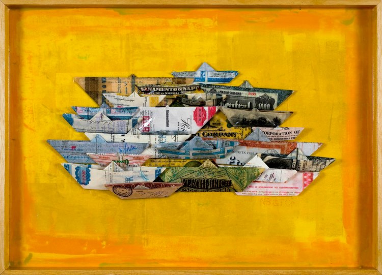 Fuga dei capitali #4_tecnica mista resina e carta su legno_52x72